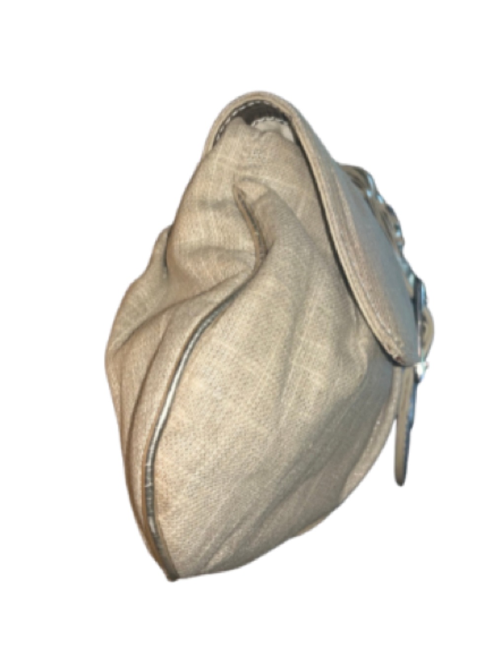 White House Black Market Silver and Tan Linen Braided Buckle Evening Clutch - Picture 4 of 13